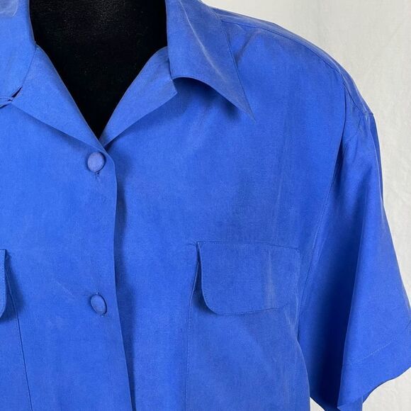 Vintage Peter Martin 100% Silk Vibrant Blue Safari Button Down Blouse - Picture 5 of 6